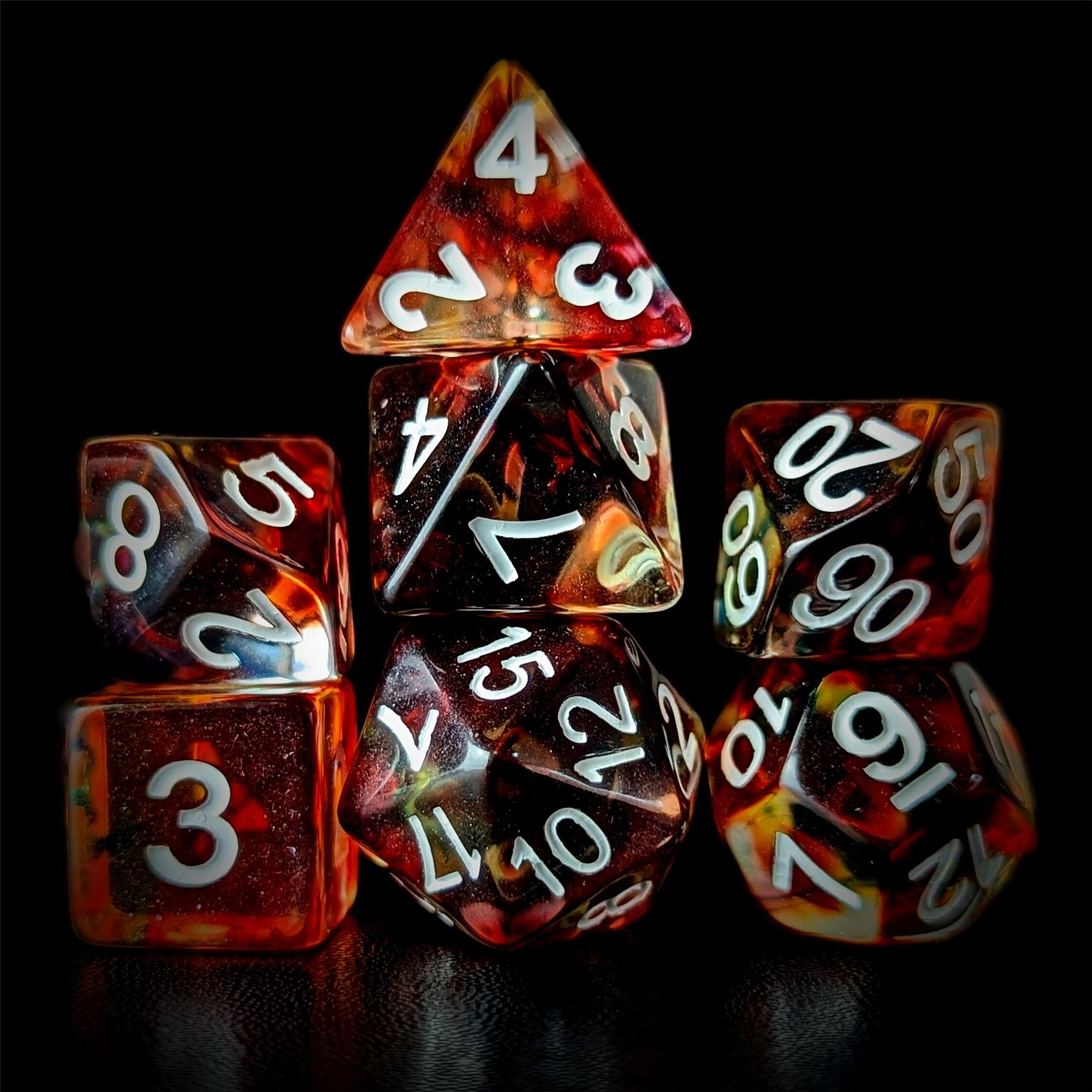 Red & Black with Blue Swirl in Clear Resin - 7pcs RPG Full Dice Set