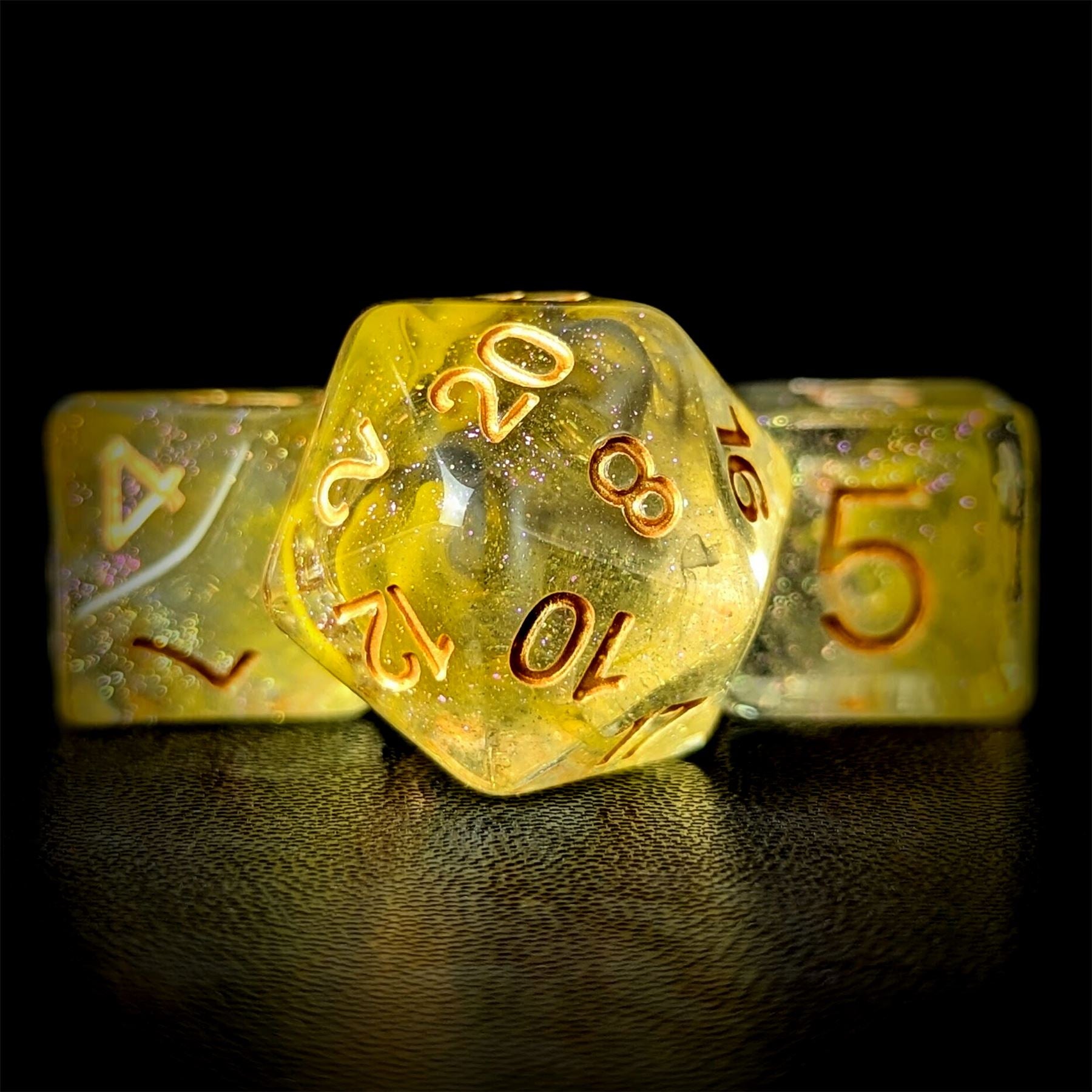 Yellow & Grey Swirl in Clear Resin - 7pcs RPG Full Dice Set