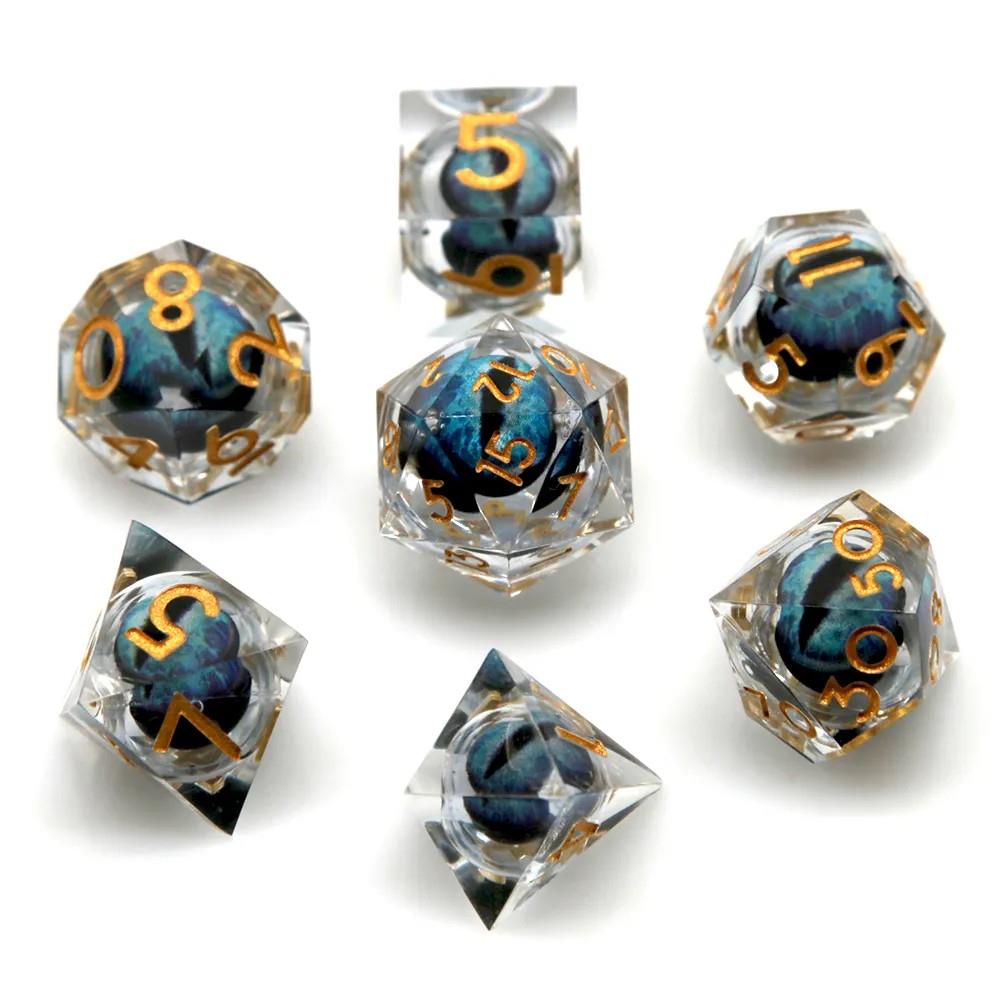 Blue Dragon Eye Ball in Clear Filled Sharp Resin - 7pcs RPG Dice Set