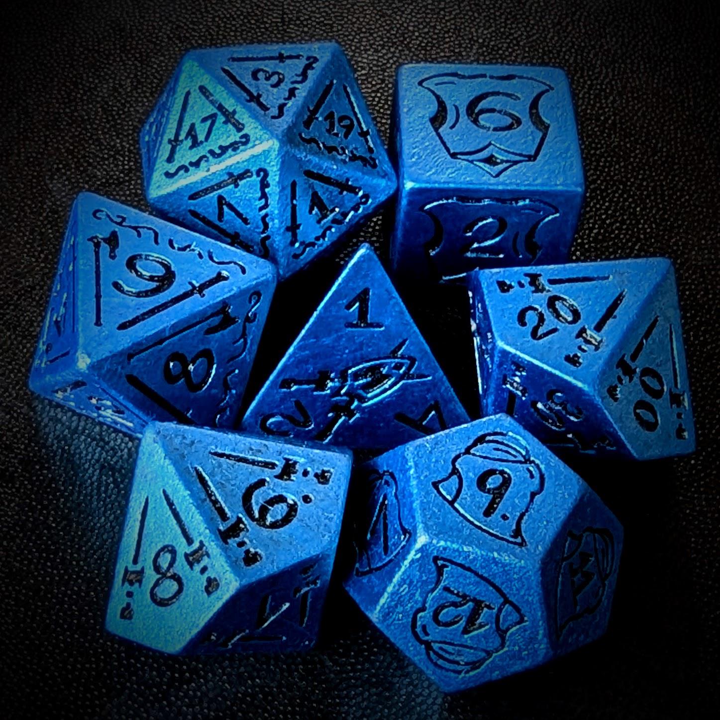 7pcs RPG Full Dice Set - Black Pattern on Blue Resin