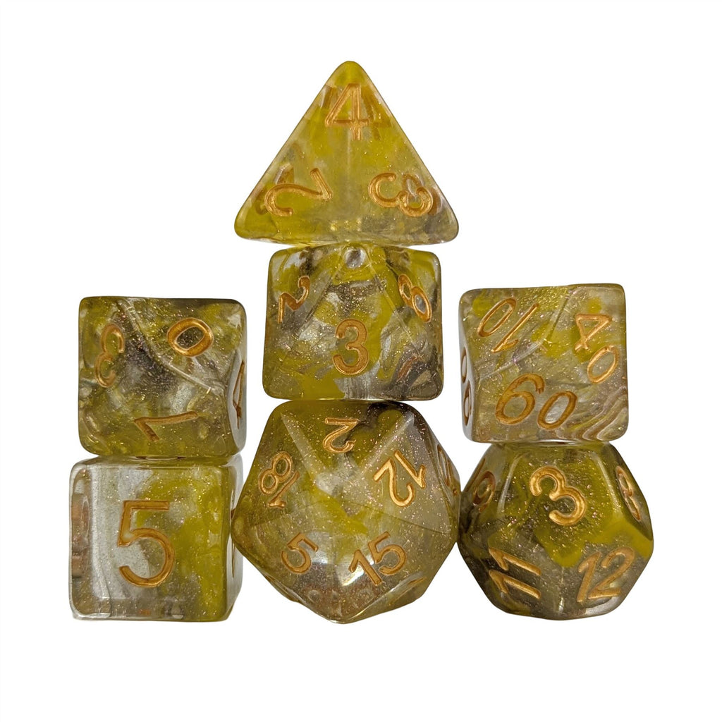 Yellow & Grey Swirl in Clear Resin - 7pcs RPG Full Dice Set