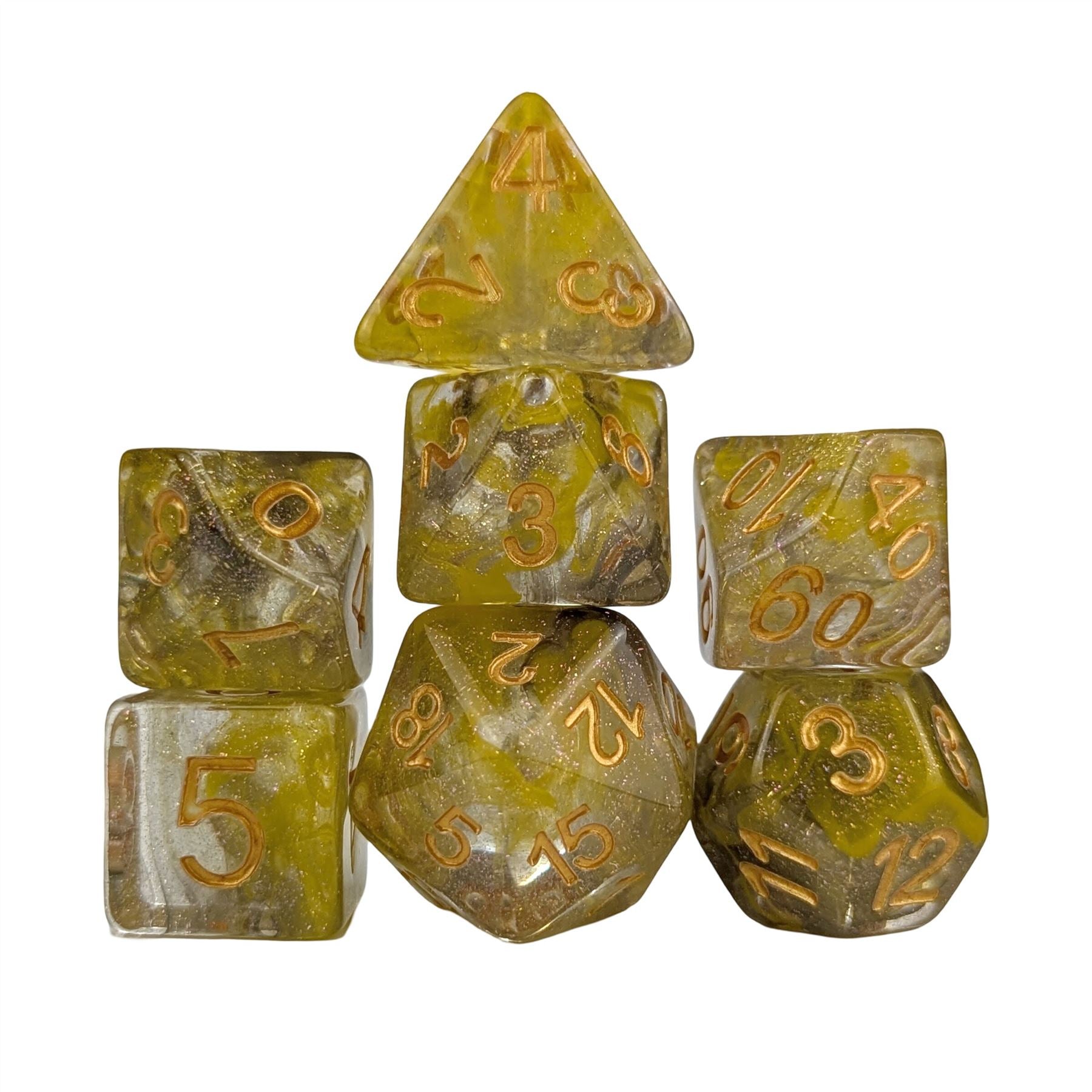 Yellow & Grey Swirl in Clear Resin - 7pcs RPG Full Dice Set