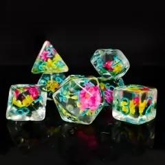7pcs Dice Resin Filled Blue Font Flowers Pink Yellow