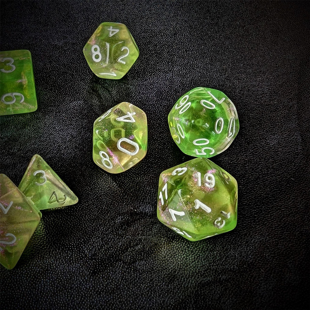 Glitter in Green & Yellow in Clear Acrylic - 7pcs RPG Full Dice Set