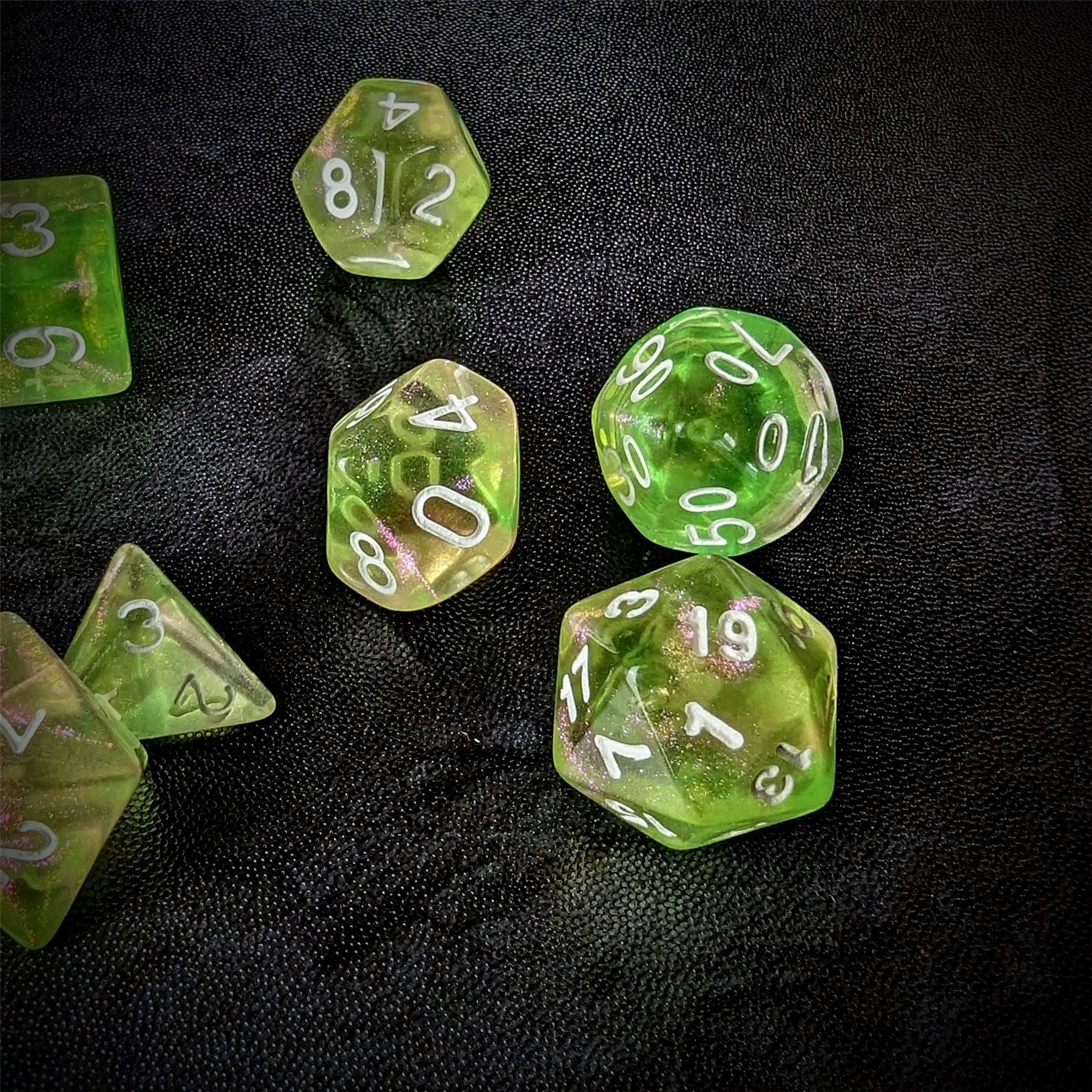 Glitter in Green & Yellow in Clear Acrylic - 7pcs RPG Full Dice Set