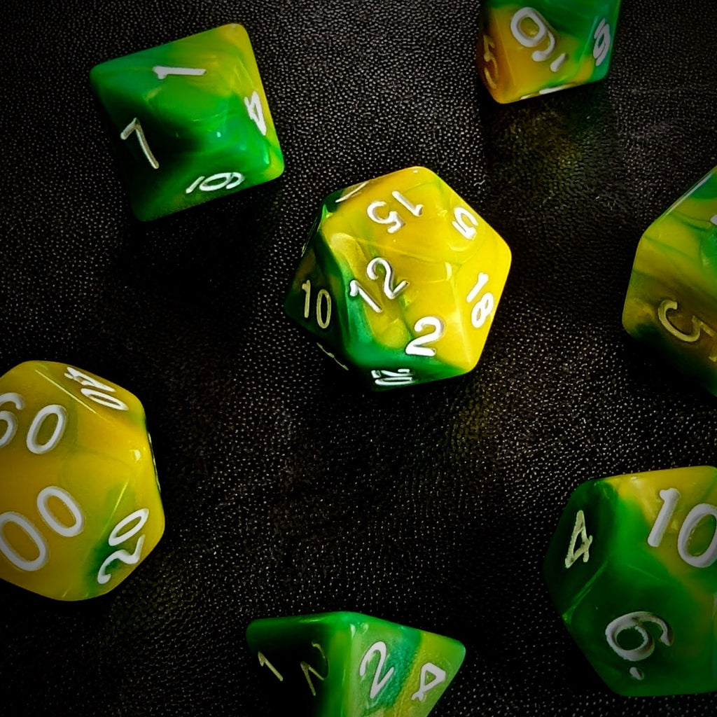 Blend of Green & Yellow Acrylic - 7pcs RPG Full Dice Set