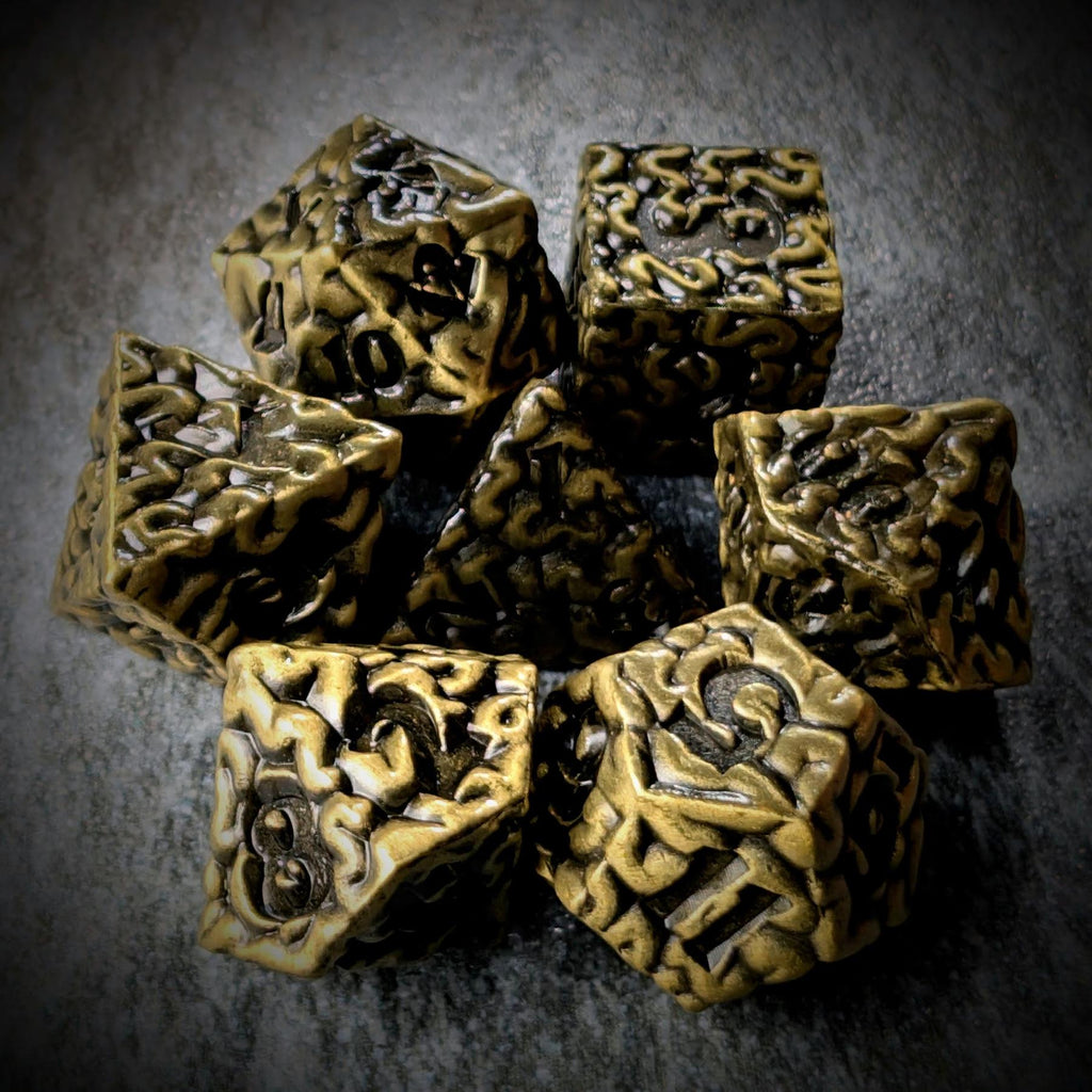 7pcs RPG Dice Set - Black Wash over Bronze Metal Brains