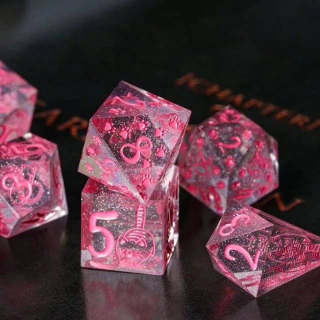 Cats on Pink with Candy Sharp Resin - 7pcs RPG Dice Set