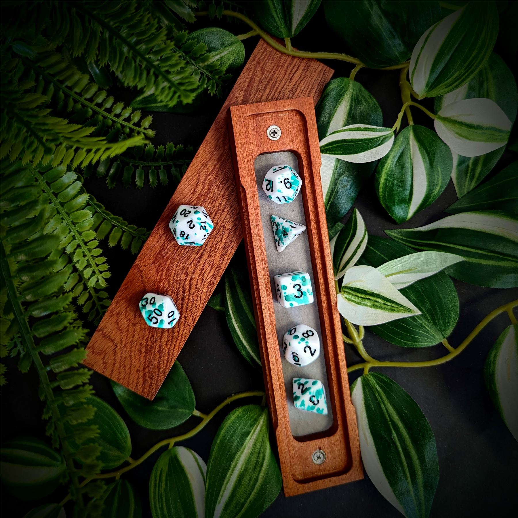 Green Blood Splatter on White Acrylic - 7pcs RPG Full Dice Set