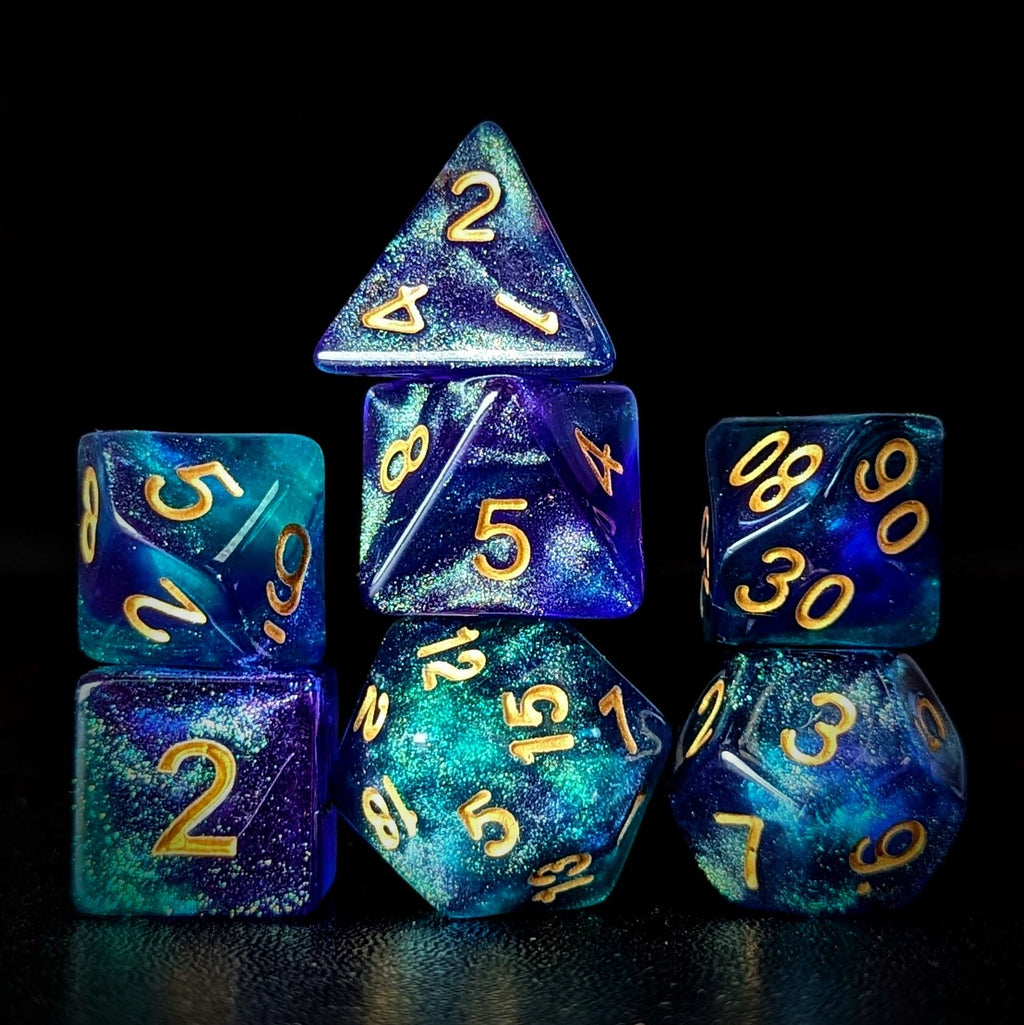 Glitter in Purple & Green Acrylic - 7pcs RPG Full Dice Set