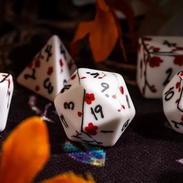 Handmande Red Flowers on White Resin -  7pcs RPG Dice Set