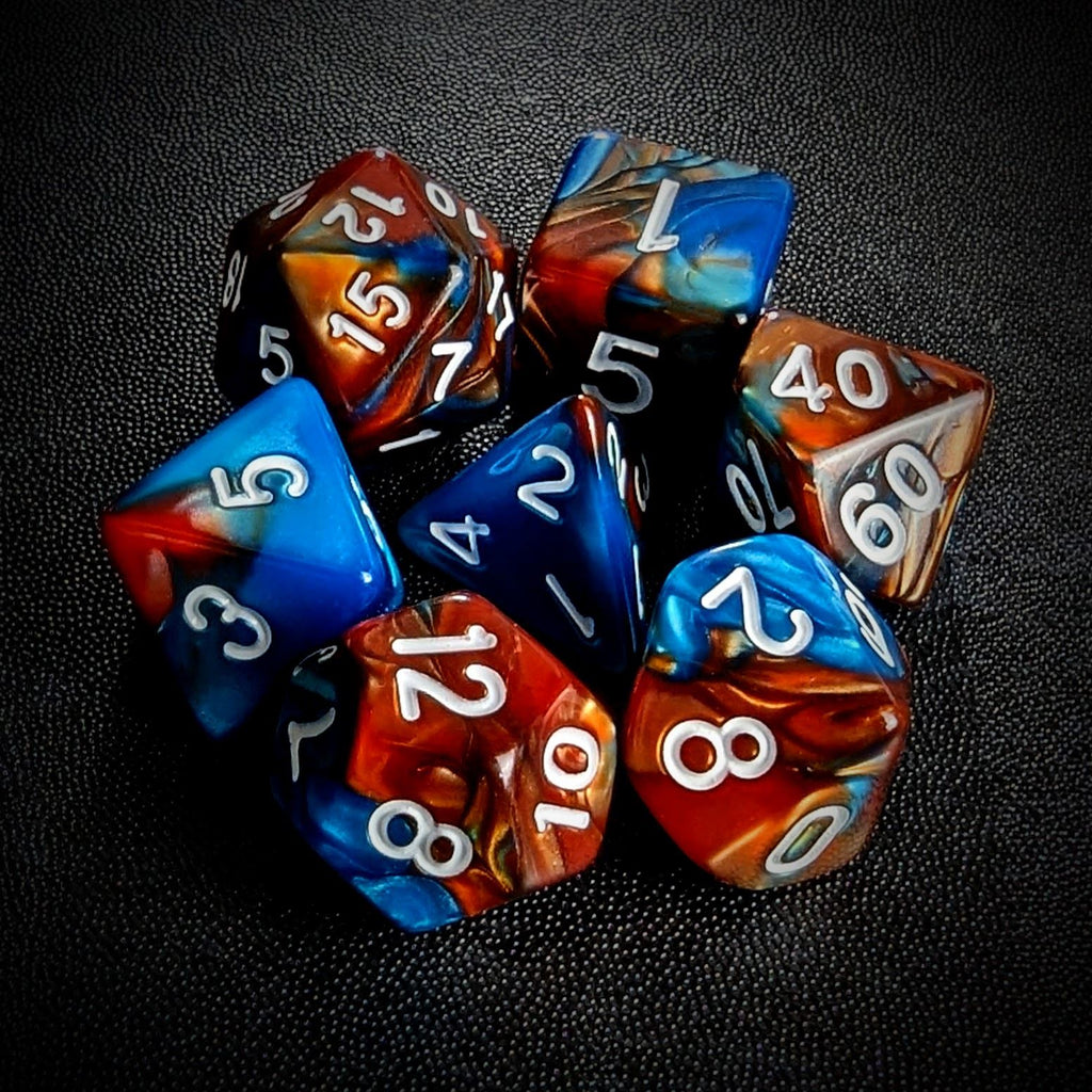 Blend of Orange & Blue Acrylic - 7pcs RPG Full Dice Set