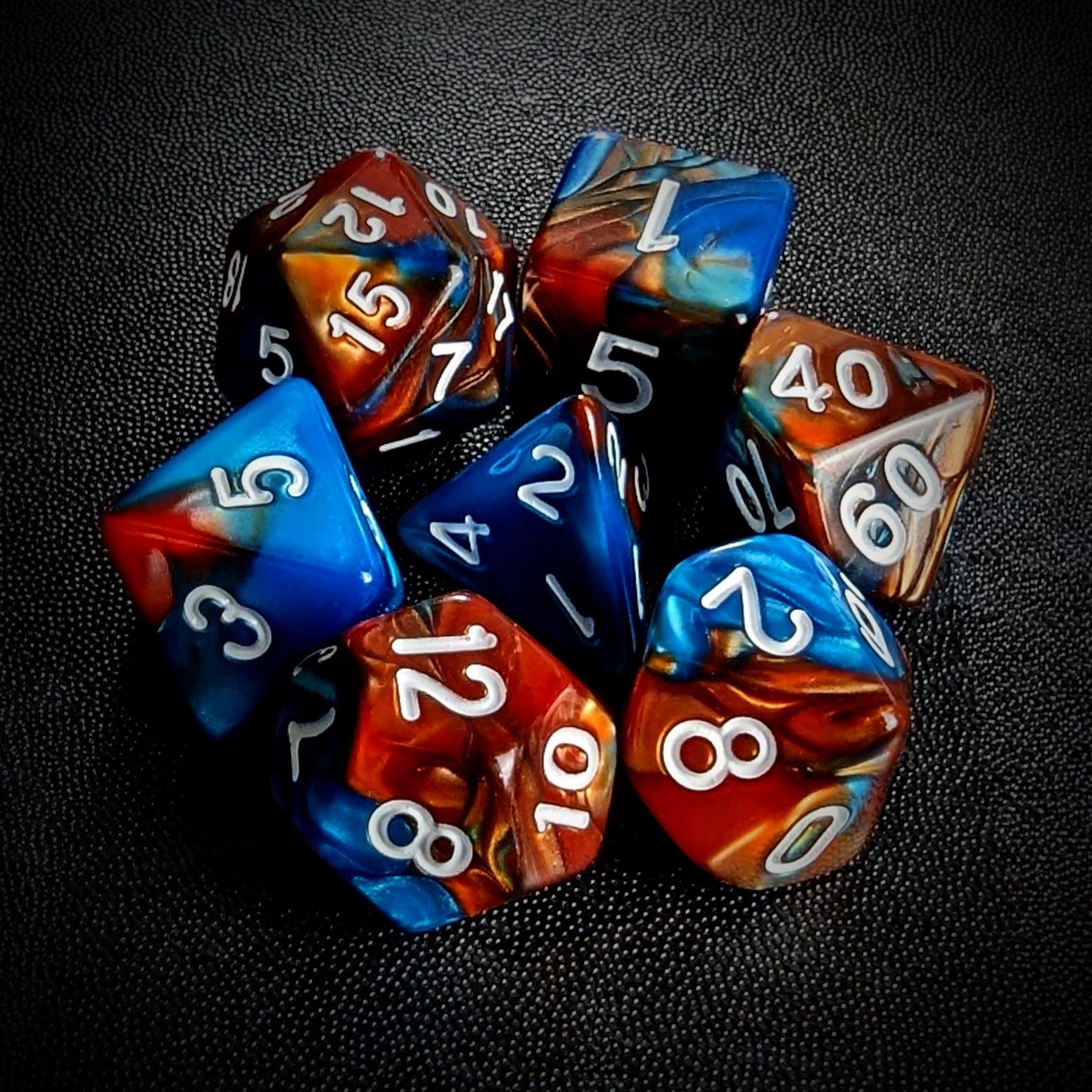 Blend of Orange & Blue Acrylic - 7pcs RPG Full Dice Set
