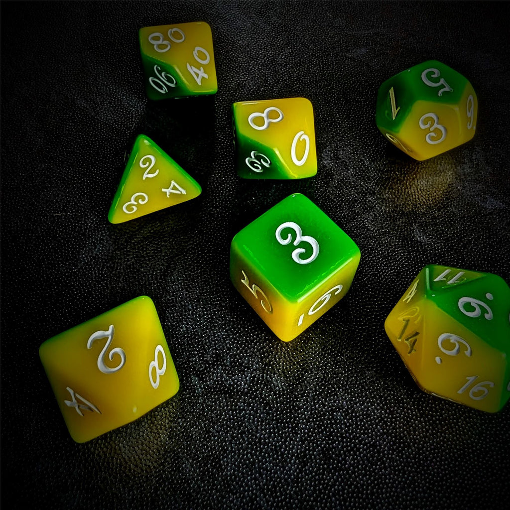 Blend of Yellow & Green Acrylic - 7pcs RPG Full Dice Set