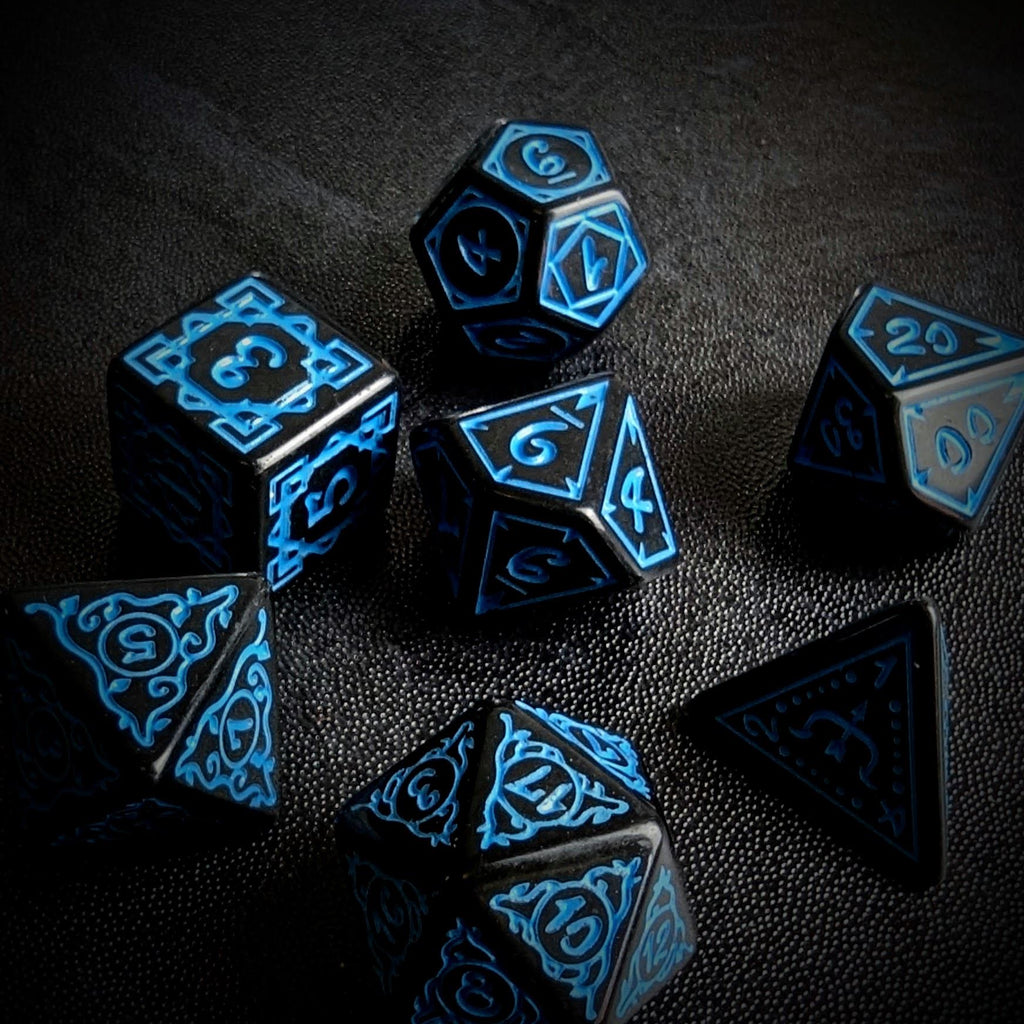 Blue Vines on Black Acrylic - 7pcs RPG Full Dice Set