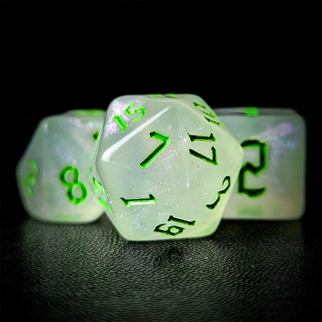 Glitter in White Acrylic with Green Font - 7pcs RPG Full Dice Set