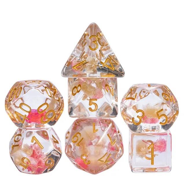 Pink Flowers in Clear Resin - 7pcs RPG Full Dice Set