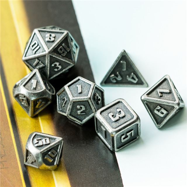 7pcs RPG Dice Set - Miniature Silver Metal