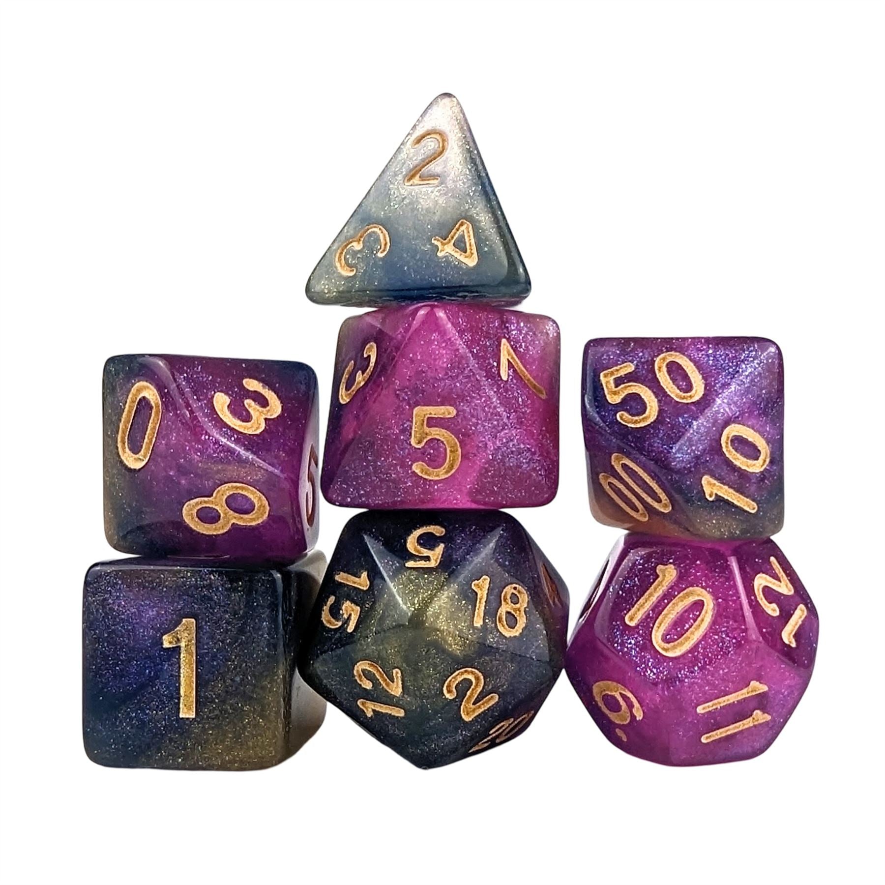 Glitter in Purple & Blue Acrylic - 7pcs RPG Full Dice Set