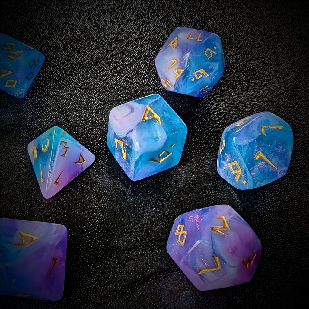 Glitter in Blue & Pink Acrylic - 7pcs RPG Full Dice Set