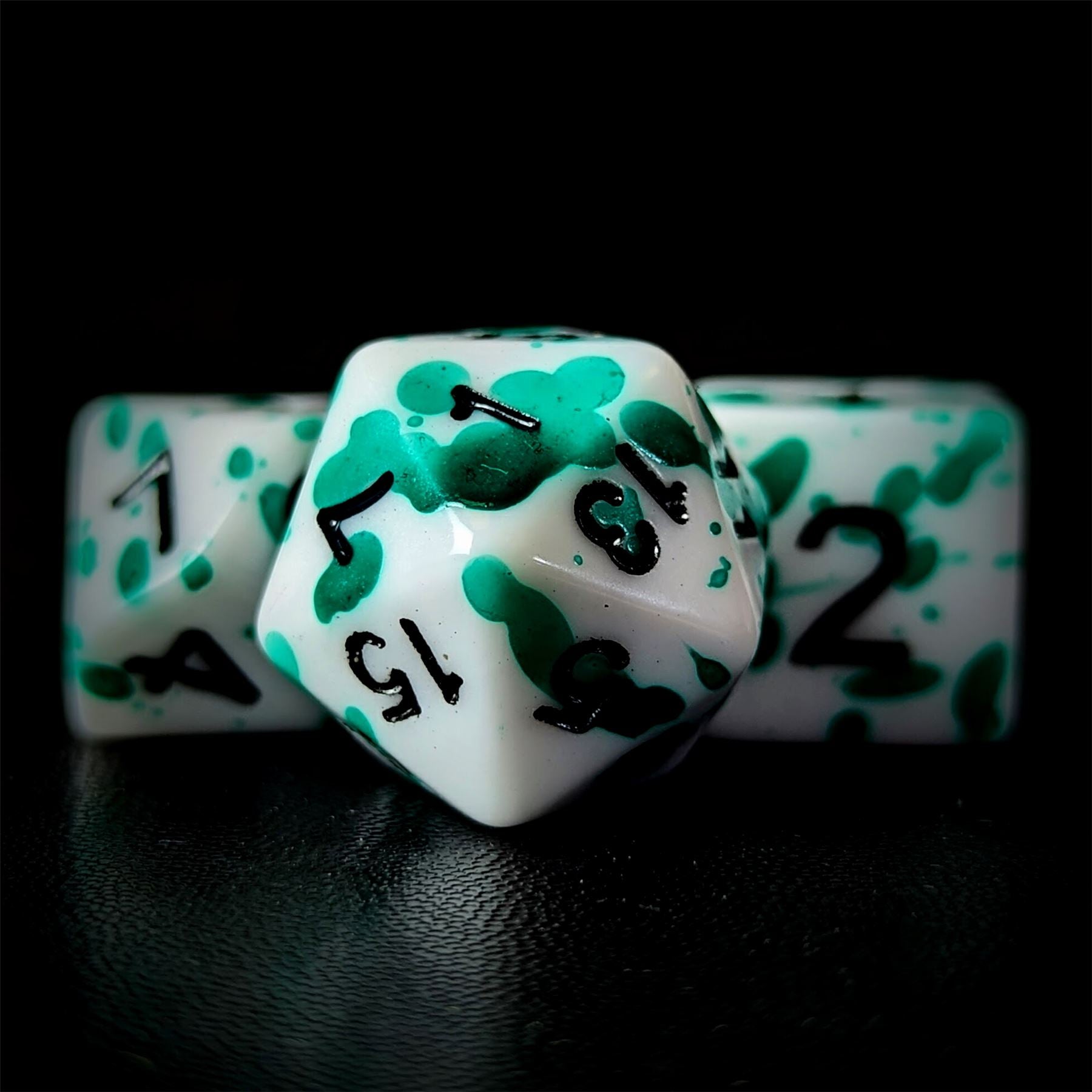 Green Blood Splatter on White Acrylic - 7pcs RPG Full Dice Set