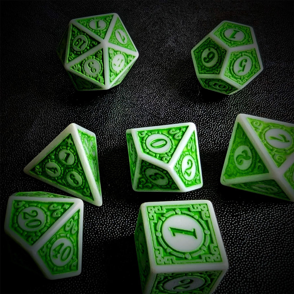Green Lattice on White Acrylic - 7pcs RPG Full Dice Set