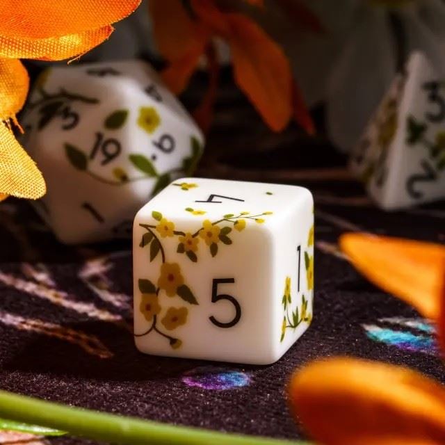 Handmande Yellow Flowers on White Resin -  7pcs RPG Dice Set
