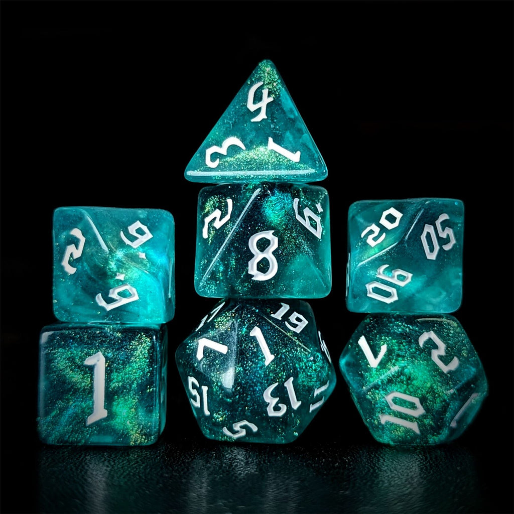 Glitter in Blue & Green Acrylic - 7pcs RPG Full Dice Set