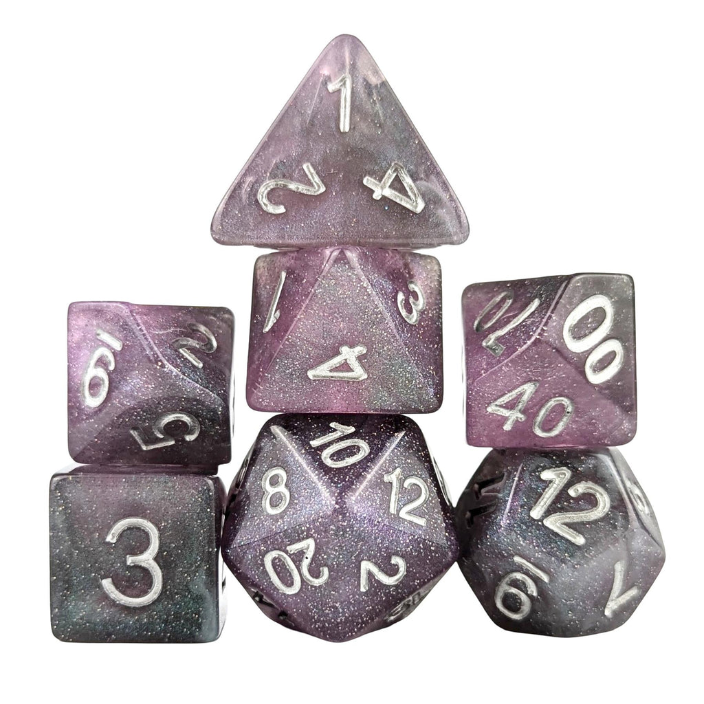 Glitter in Silver & Purple with White Resin - 7pcs RPG Full Dice Set