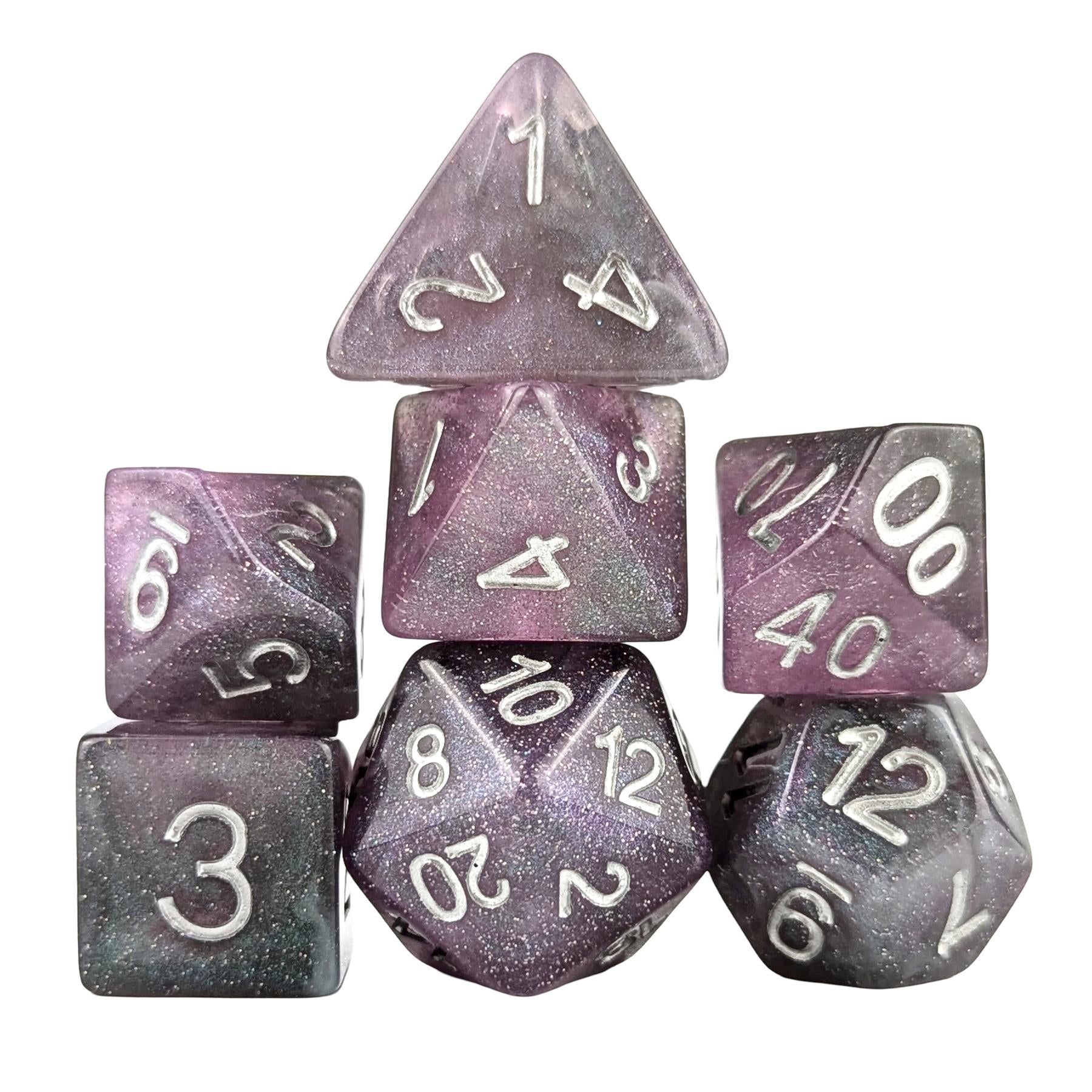 Glitter in Silver & Purple with White Resin - 7pcs RPG Full Dice Set