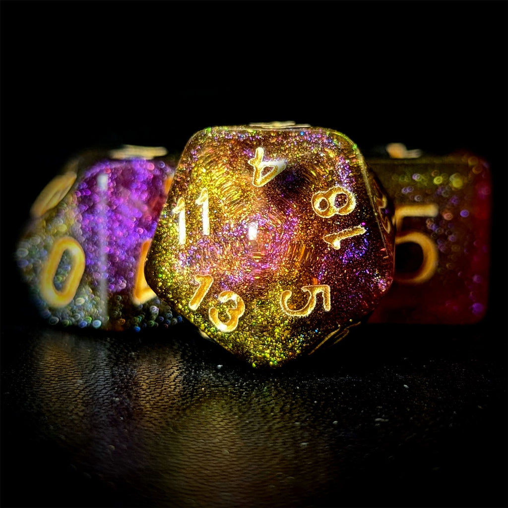 Glitter in Purple & Yellow Acrylic - 7pcs RPG Full Dice Set