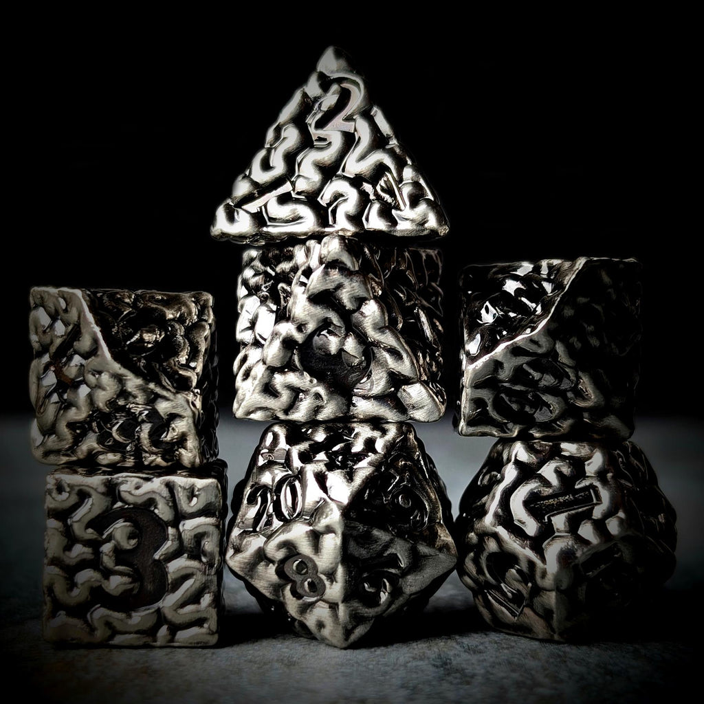 7pcs RPG Dice Set - Black Wash over Silver Metal Brains