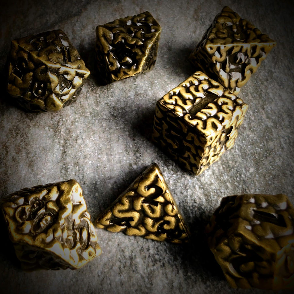 7pcs RPG Dice Set - Black Wash over Bronze Metal Brains