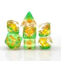 7pcs Dice Resin Filled Gold Font Lion Green Clear
