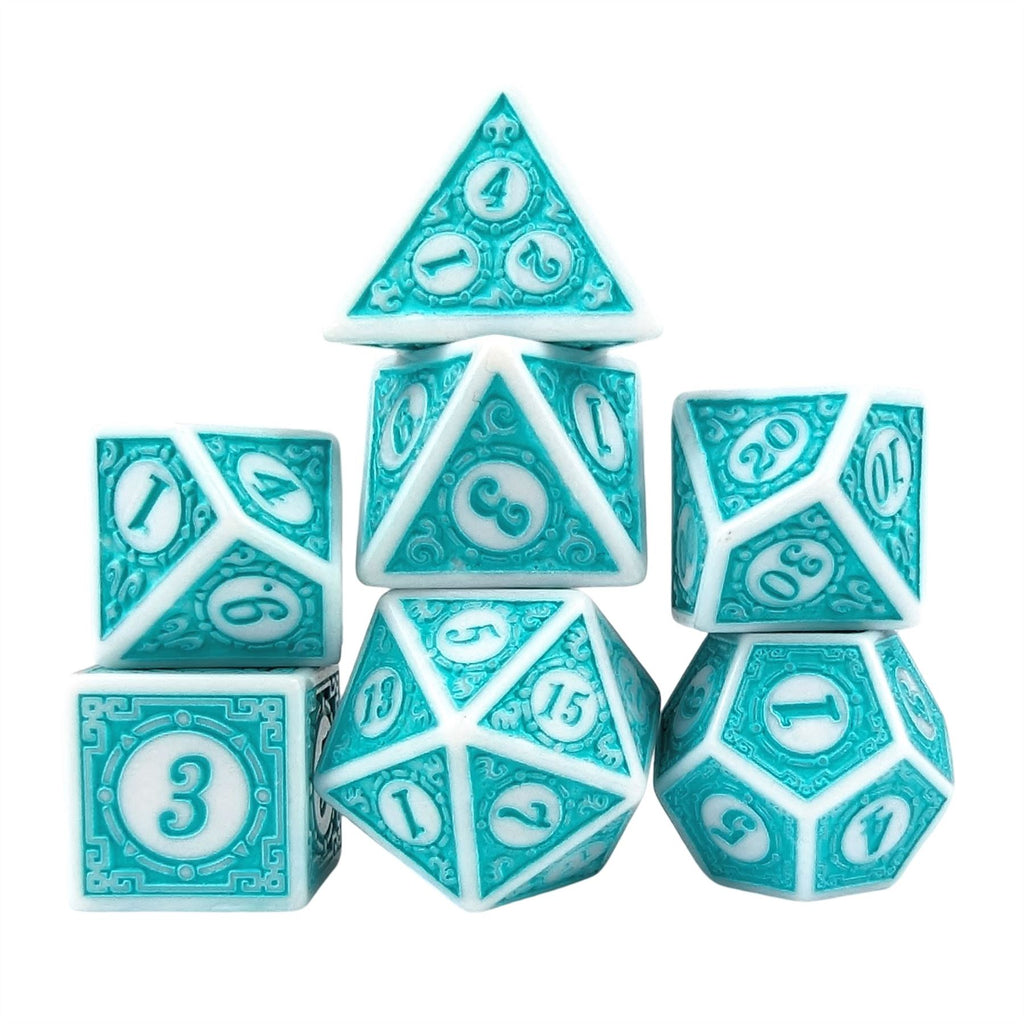 Cyan Lattice on White Acrylic - 7pcs RPG Full Dice Set