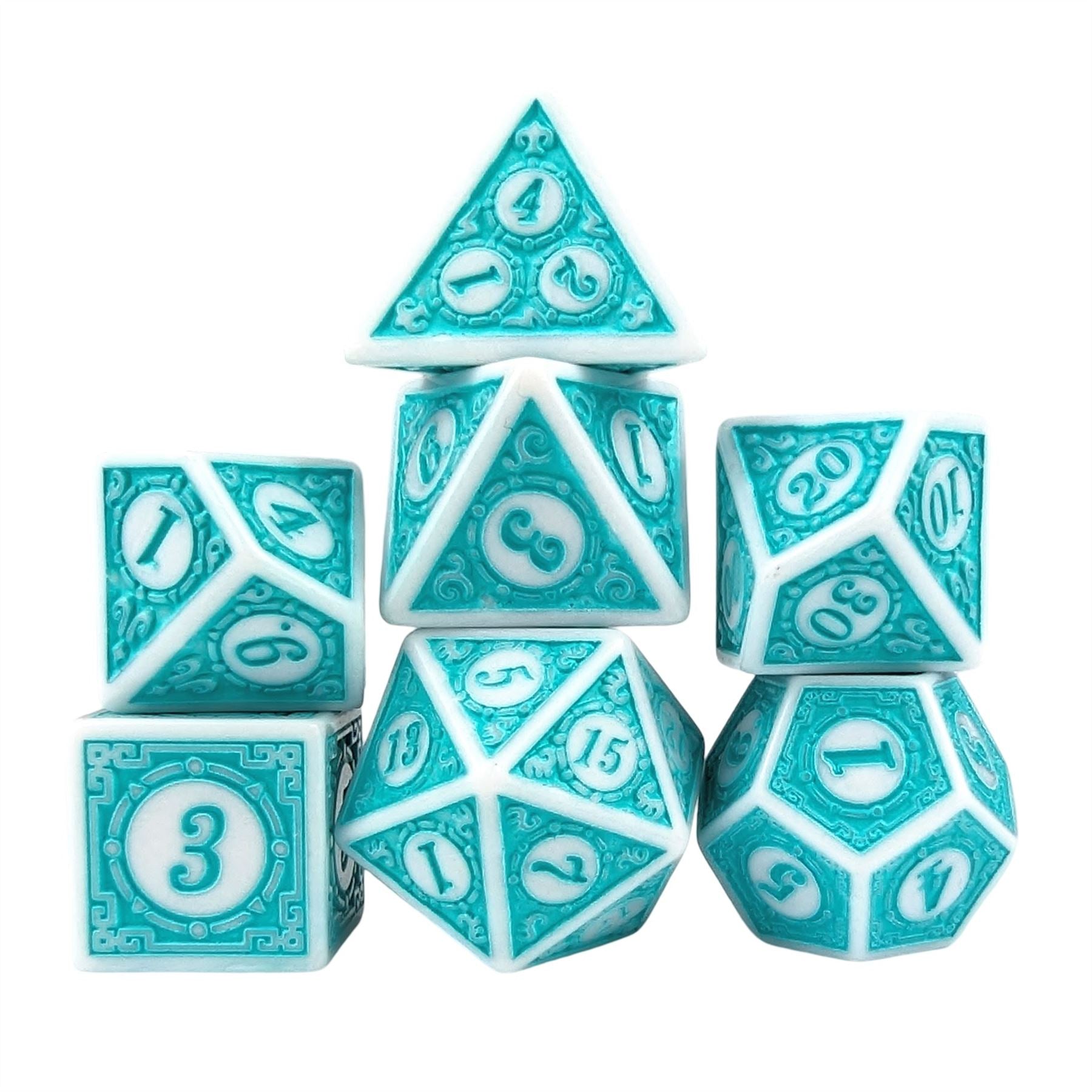 Cyan Lattice on White Acrylic - 7pcs RPG Full Dice Set