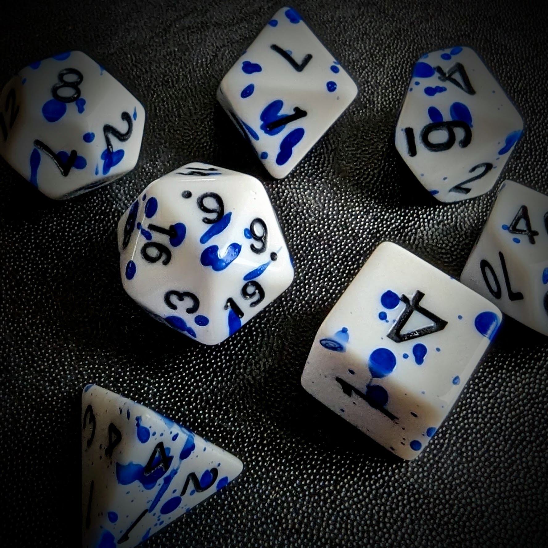 Blue Blood Splatter on White Acrylic - 7pcs RPG Full Dice Set