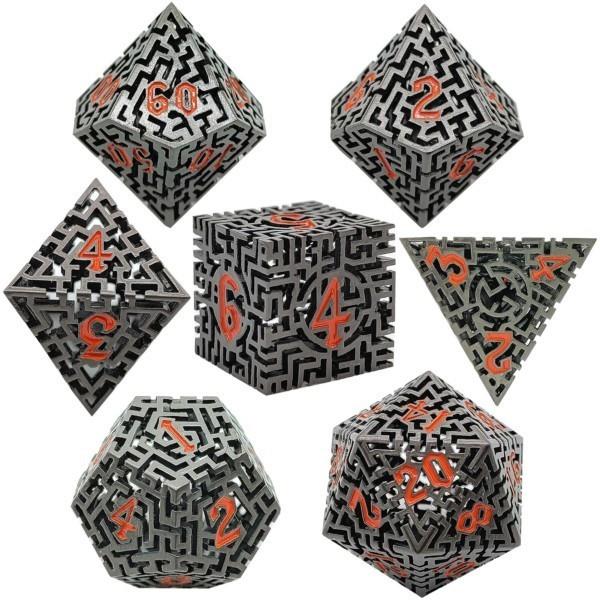 7pcs Dice Metal Hollow Maze Red Font Black