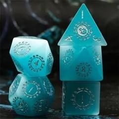 Runes on Blue Cat Eye Gemstone - 7pcs RPG Dice Set