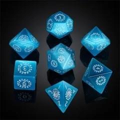 Runes on Blue Cat Eye Gemstone - 7pcs RPG Dice Set