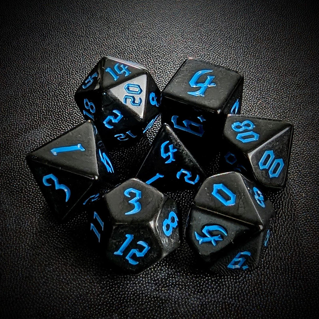 Blue on Solid Black Acrylic - 7pcs RPG Full Dice Set