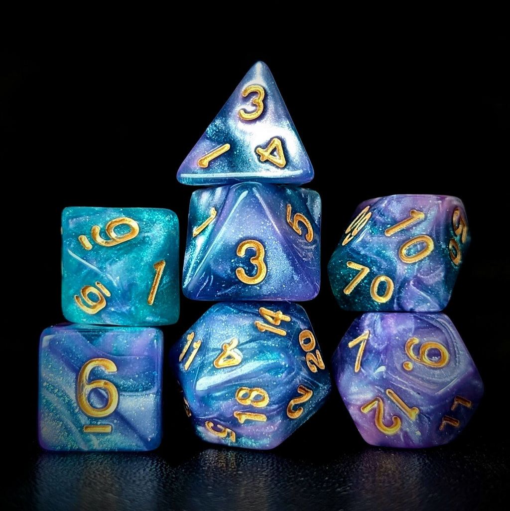 Glitter in Purple & Blue Acrylic - 7pcs RPG Full Dice Set
