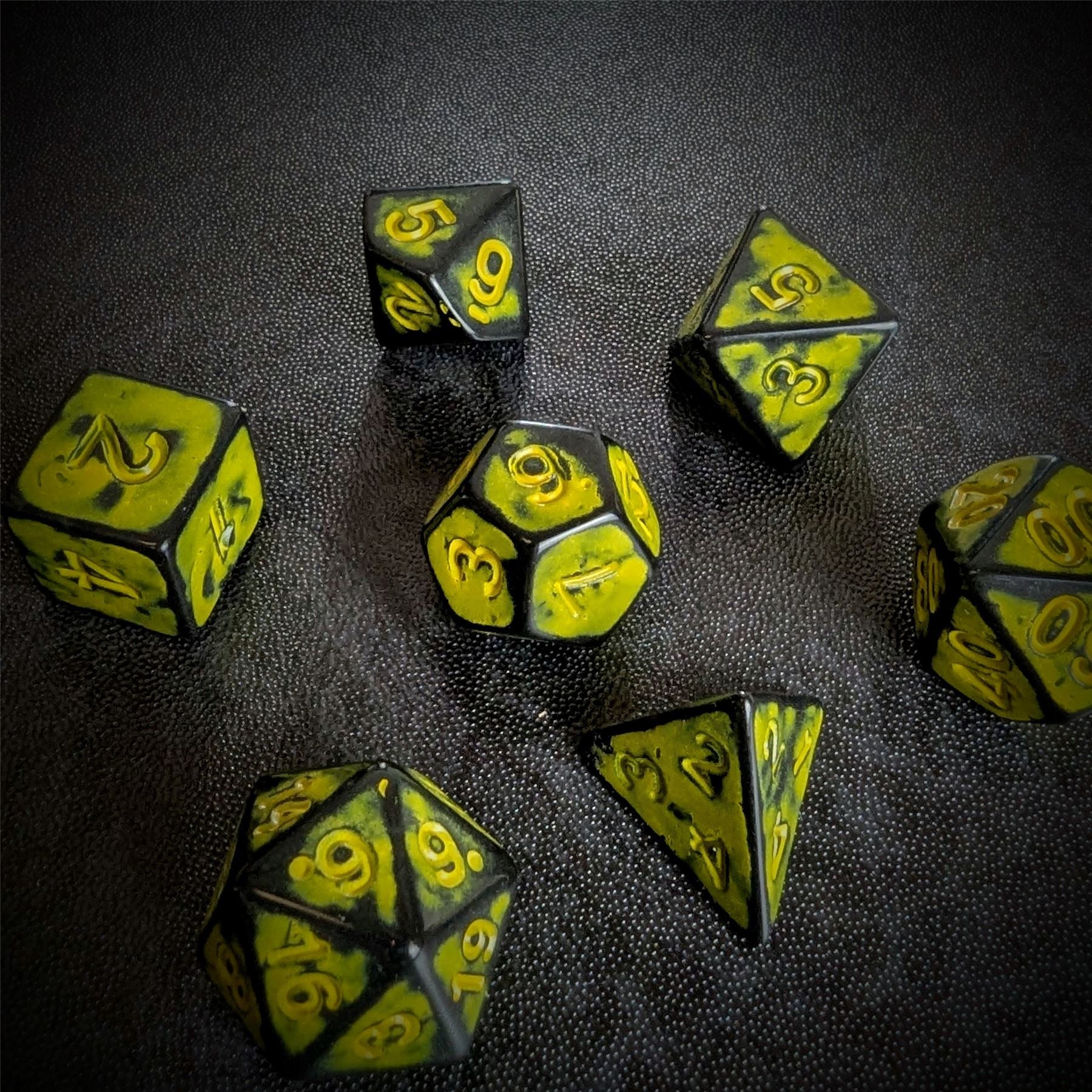 Washed Yellow on Black Acrylic - 7pcs RPG Full Dice Set