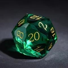 D20 30mm Dice Gem Glass Facet Gold Font Green