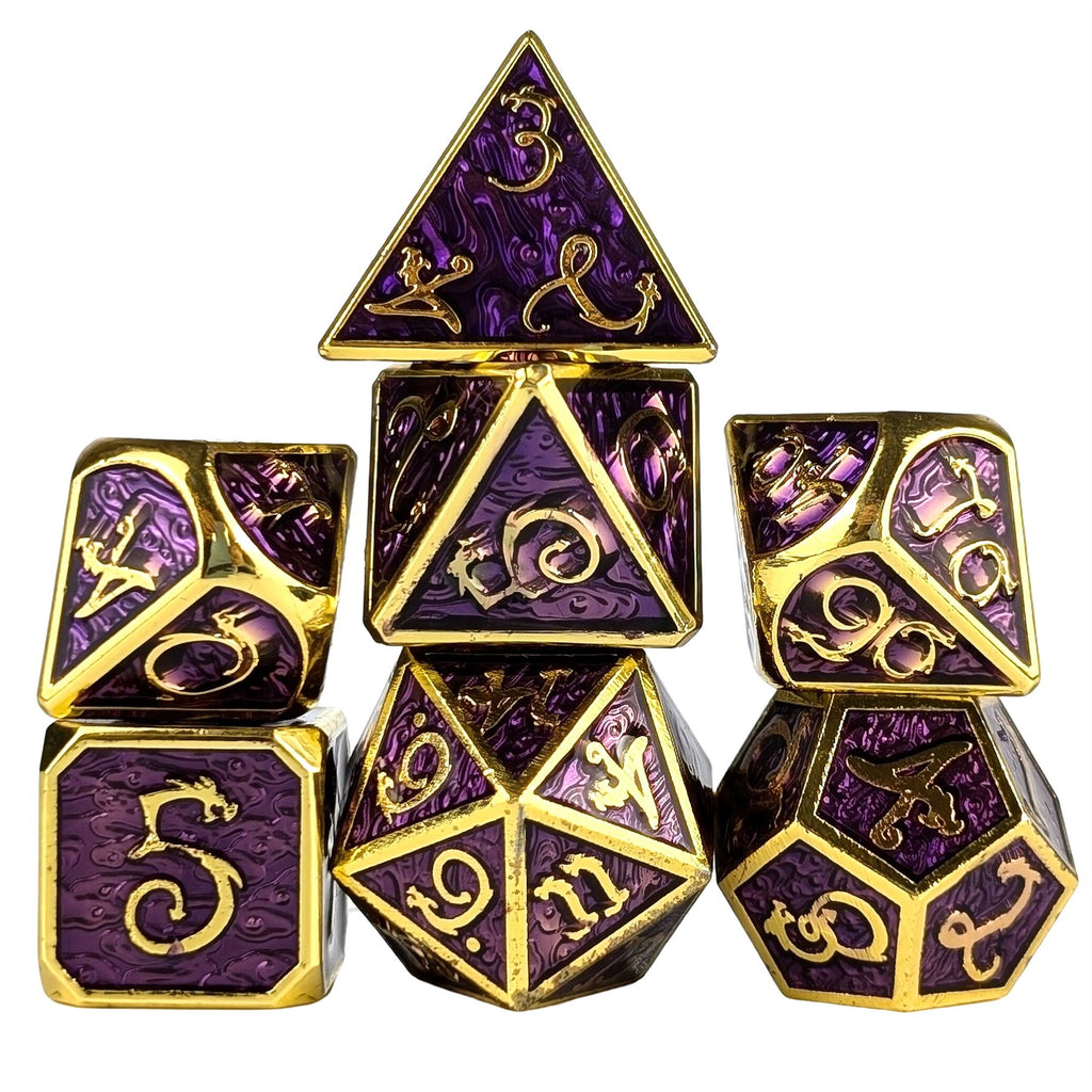 Purple Enamel in Gold Metal - 7pcs RPG Dice Set