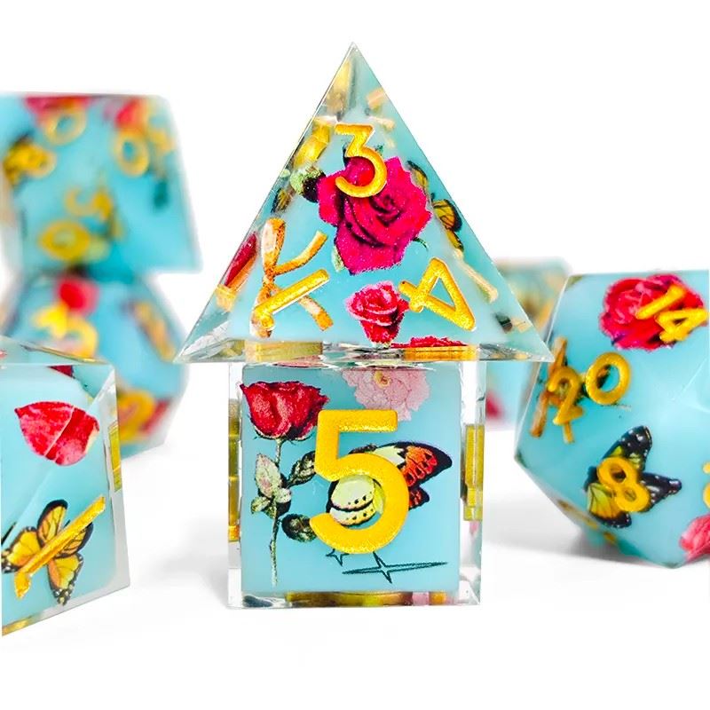 Butterfly & Flower in Blue Filled Sharp Resin - 7pcs RPG Dice Set