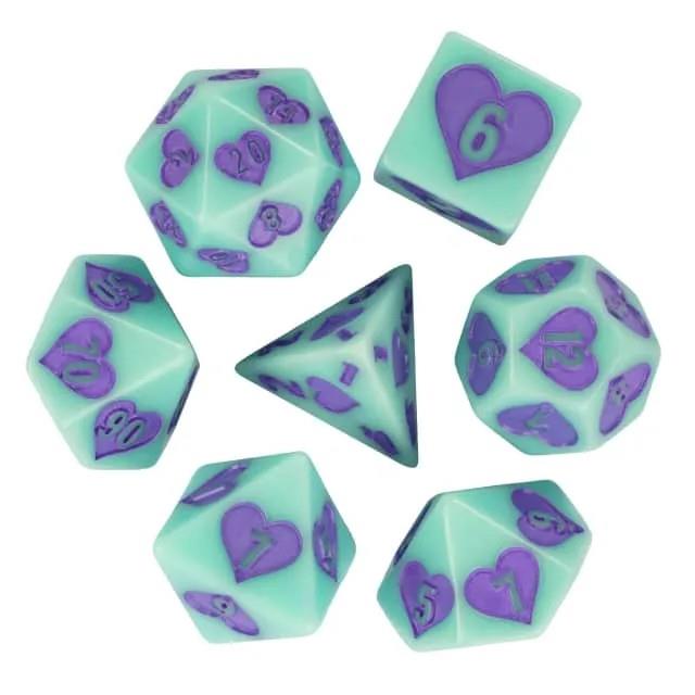 7pcs Dice Resin Pattern Hearts Purple Font Mint Green