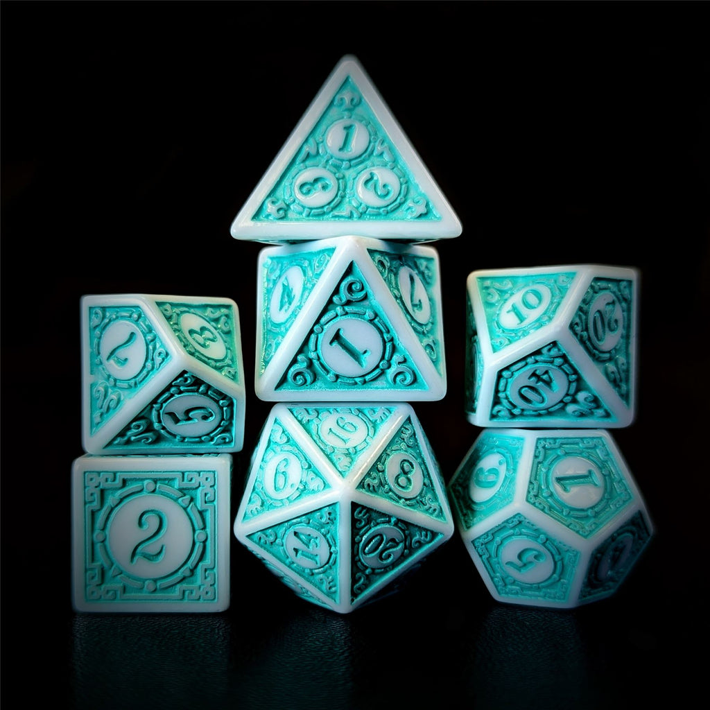 Cyan Lattice on White Acrylic - 7pcs RPG Full Dice Set