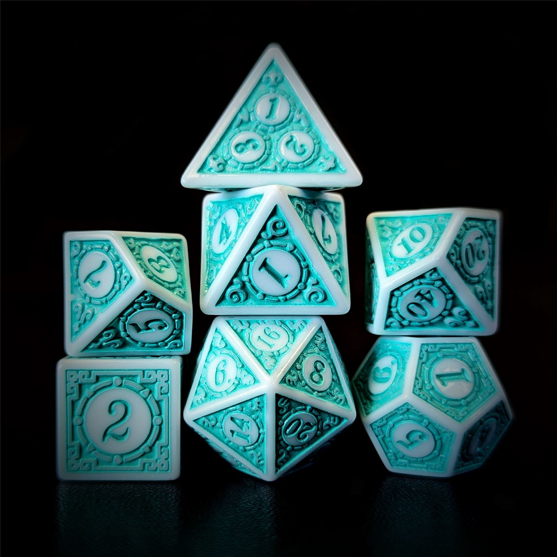 Cyan Lattice on White Acrylic - 7pcs RPG Full Dice Set