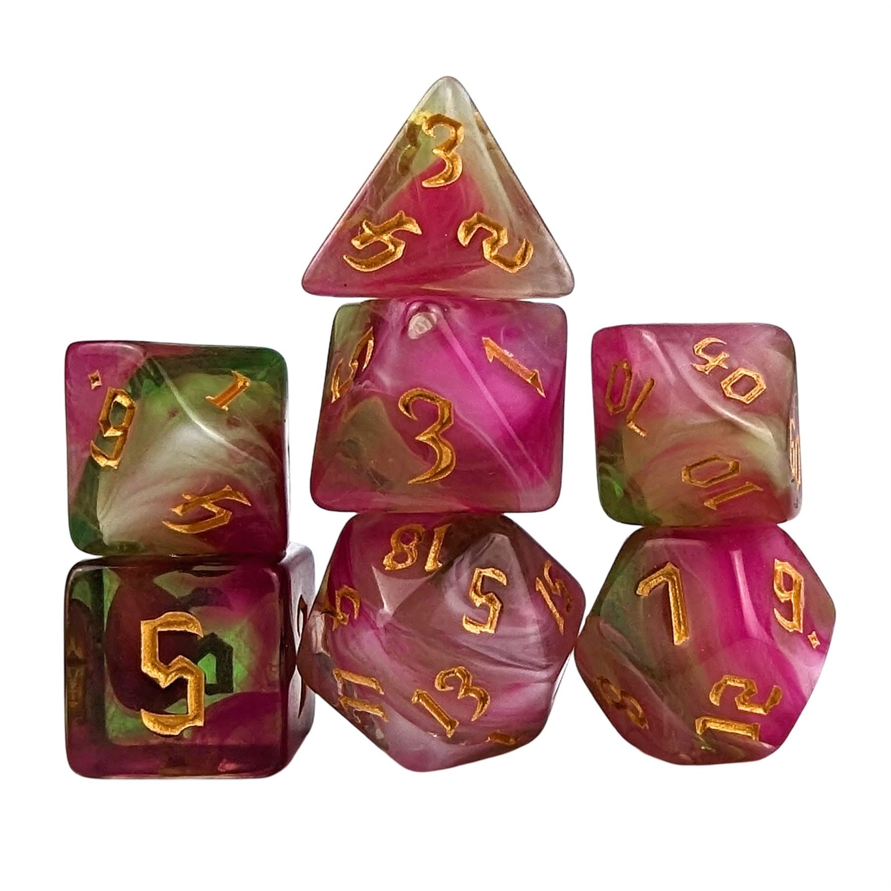 Blend of Green & Pink Acrylic - 7pcs RPG Full Dice Set